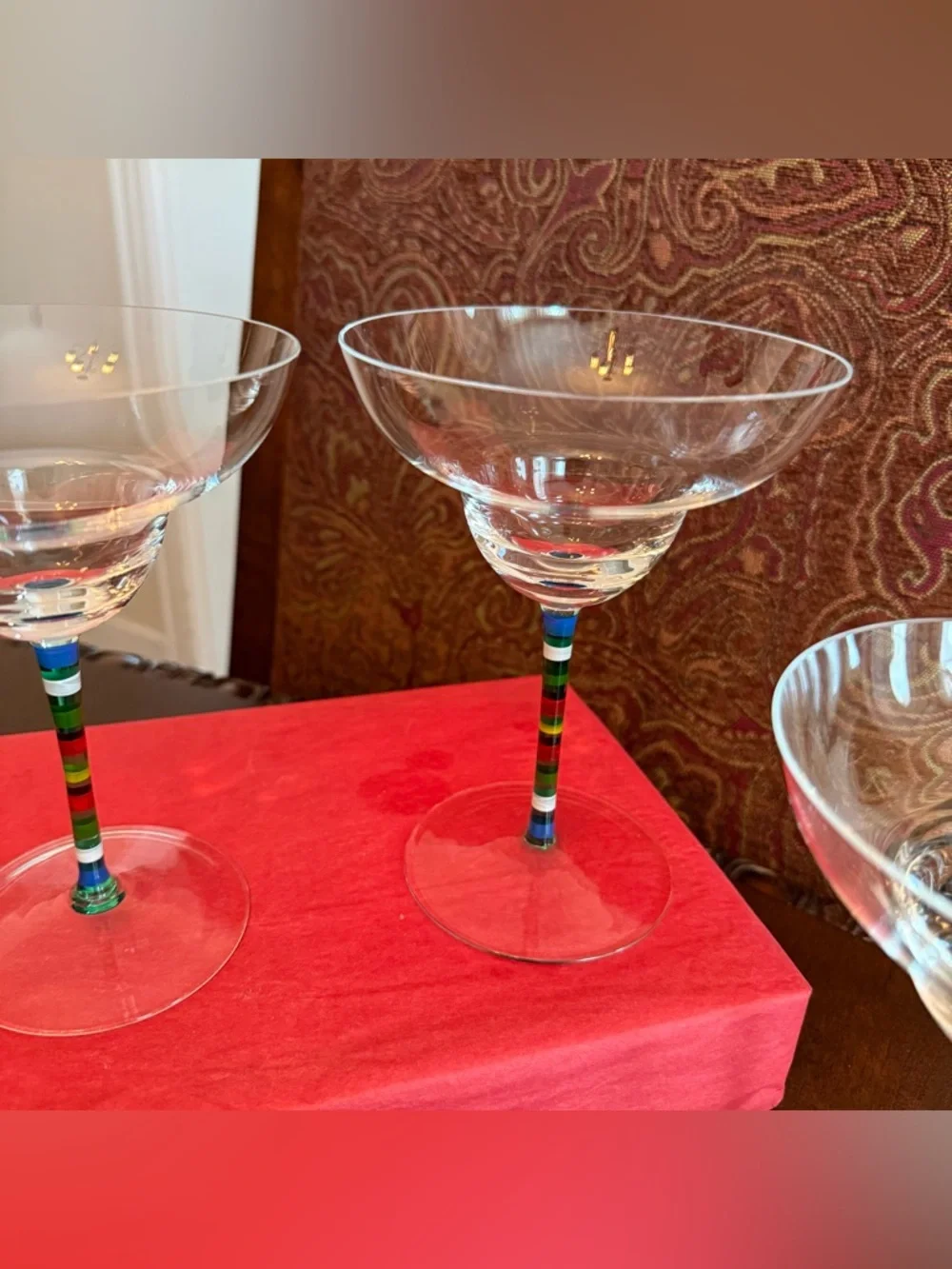 3 Crate & Barrel Caprice Margarita Glasses Multi-Color STRIPE STEM Hungary *READ